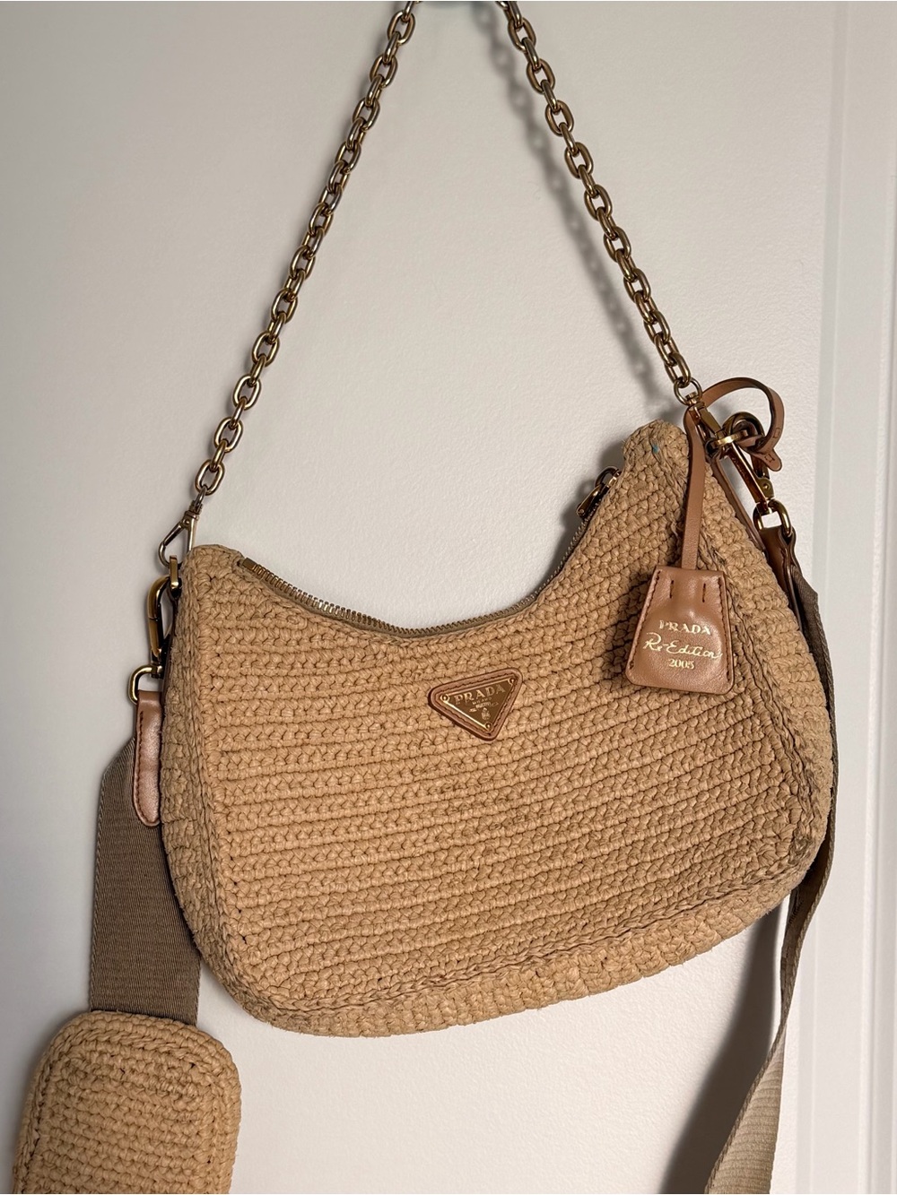 Prada Tan Crochet Shoulder Bag with Gold Chain Accent
